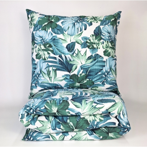 Pościel z Kory PREMIUM Lilia Wytrzymała- Niebiesko-zielona dżungla na białym  1306,  poduszka z poskładaną kołdrą w dane