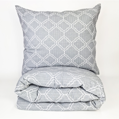 Pościel z Kory PREMIUM Lilia Wytrzymała- Biała geometria na jasnym szarym 1368, poduszka z poskaładaną kołdrą w danej  p