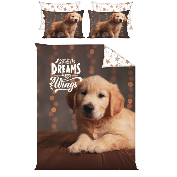 Pościel bawełniana z płótna 160- Piesek, rozłożone na łóżku